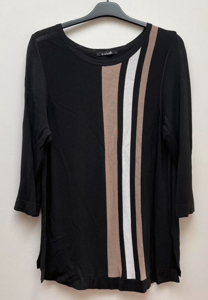 Pull léger / Teeshirt manches longues noir avec rayures blanches et beiges