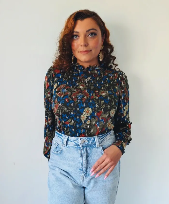 Blouse à manches longues col montant automne casual chic bleu kaki doré cache-cache taille 38