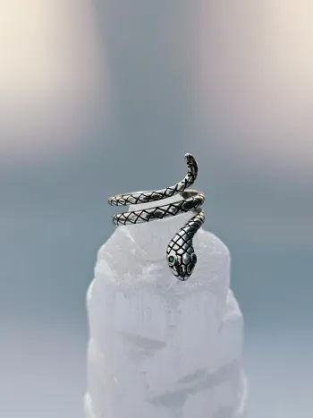 Bague acier inoxydable serpent enroulé yeux verts ajustable