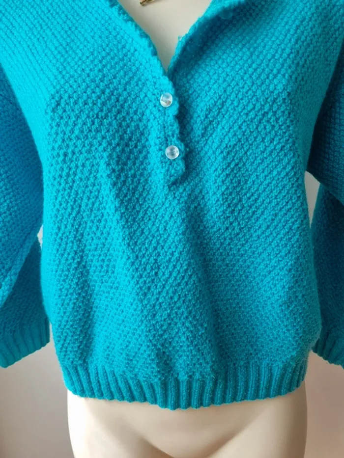 Pull turquoise tricoté vintage - photo numéro 7