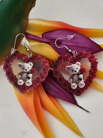 Boucles d oreilles cœurs avec ours et roses imprimées en acier inoxydable