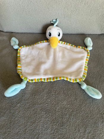 Doudou plat canard oiseau blanc bleu jaune vert Lufthansa