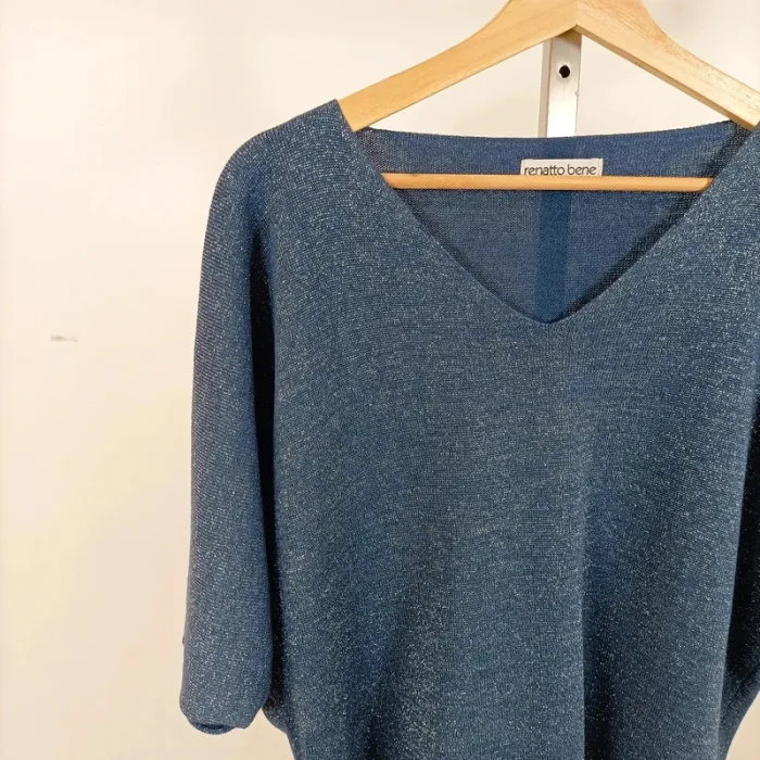Top bleu irisé Renatto Bene col V manches chauve-souris made in Italy taille 38 A1029 - photo numéro 3