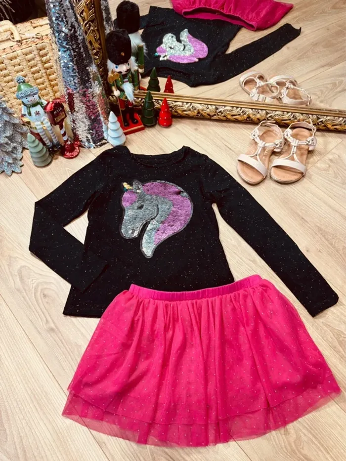 Taille 10 ans tenue 2 pièces fête fille Dpam noir rose * sequins tulle * 🎄