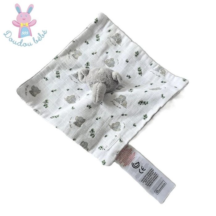 Doudou plat éléphant blanc gris motifs Sergent Major