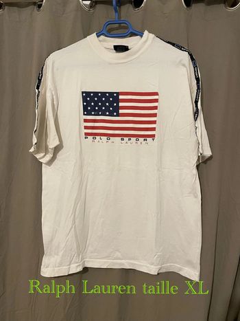 T-shirt vintage à manches courtes blanc à motifs bleu marine et rouge Ralph Lauren taille XL