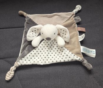 Doudou Lapin carre plat  blanc , gris et beige - Étoiles- Obaibi