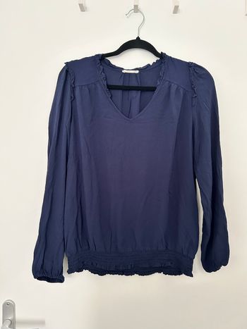 Blouse bleu marine manches longues élastique à la taille et poignets matière plumetis Cache Cache 40