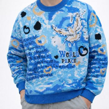 Pull bleu à motif “World Peace” esprit arty & vintage