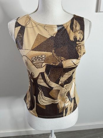 Débardeur cubisme psychédélique beige et marron Vintage T40 L