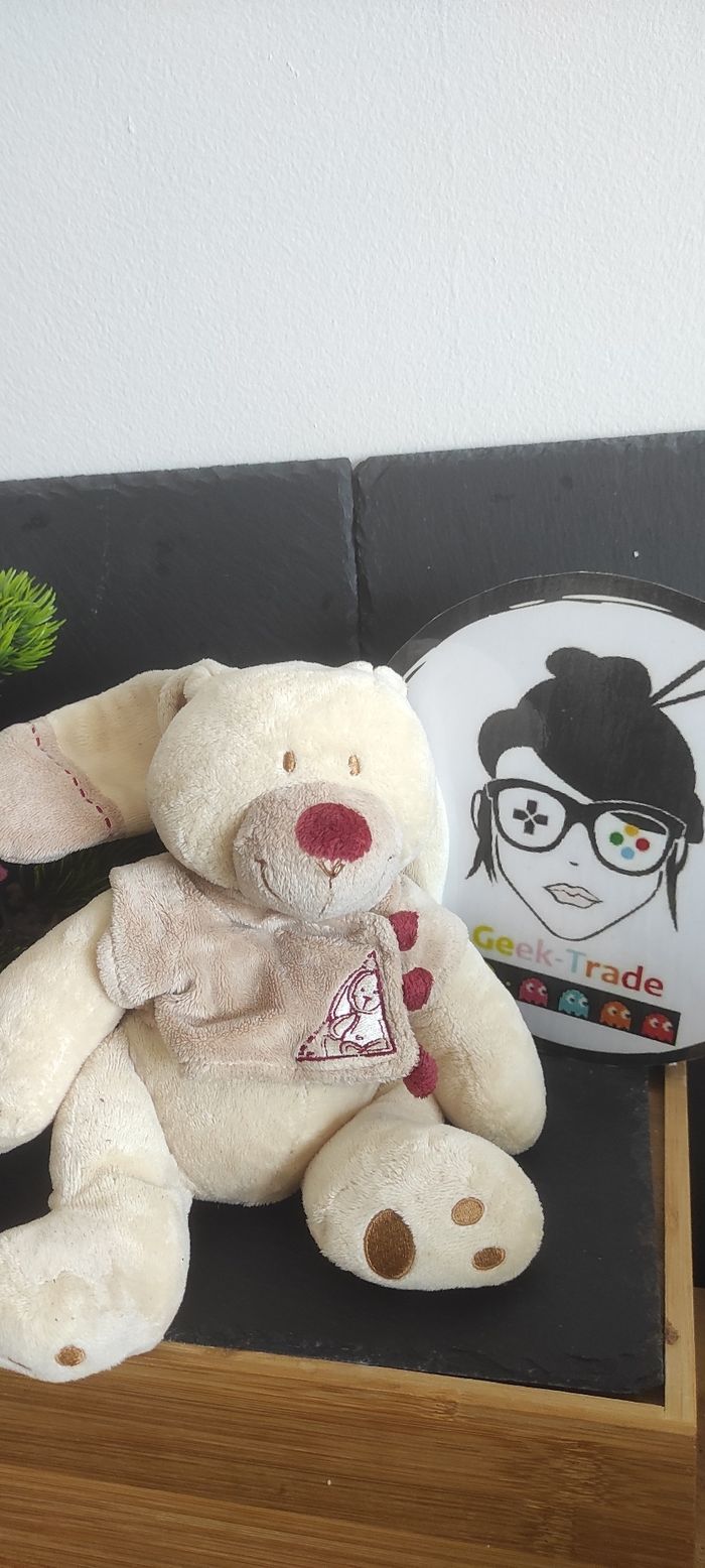 doudou peluche lapin bastien beige marron jaune rouge nicotoy ancien Gilet Blanc