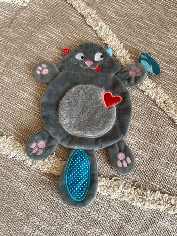 Peluche doudou plat 20cm mon doudou bouboule chat gris et bleu très bon état