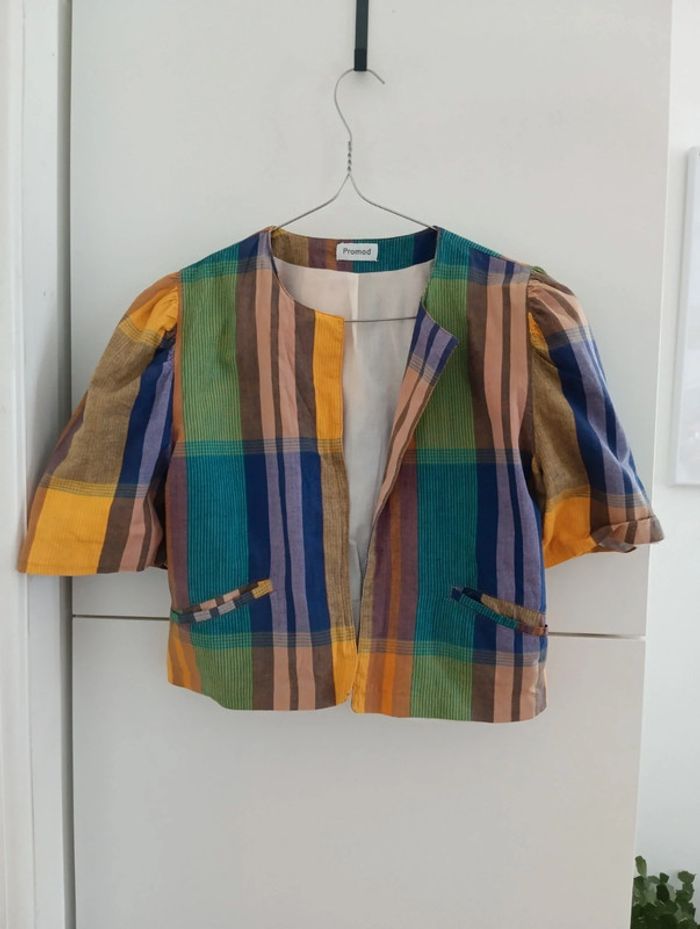 Petite veste vintage courte en coton carreaux style madras - photo numéro 2