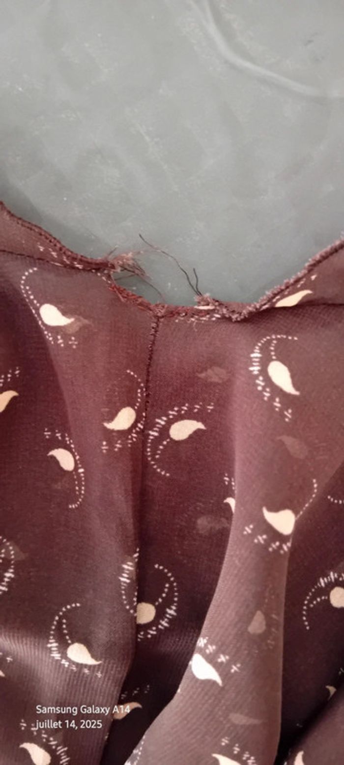 Blouse en voile manches volantées col cravate motif plumes marron femme L - photo numéro 19