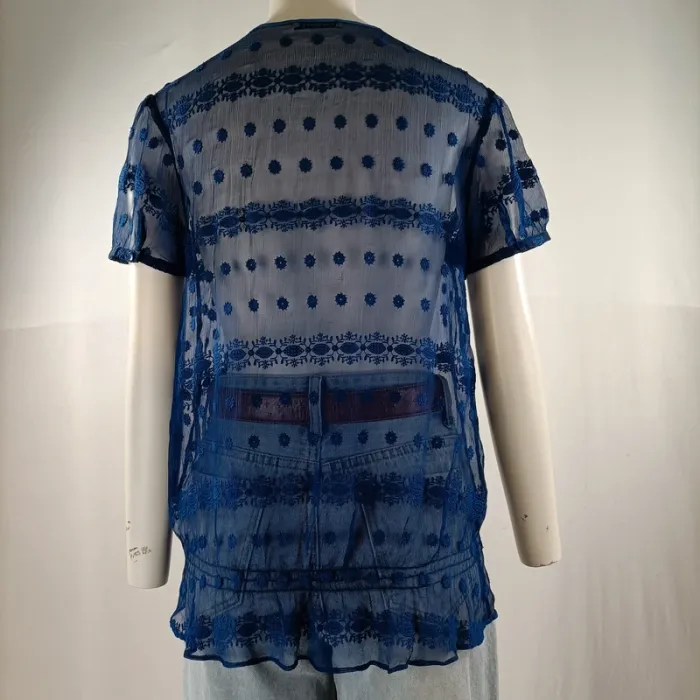 Blouse transparente bleue brodée en soie – Cacharel Paris T.38 A1159 - photo numéro 5