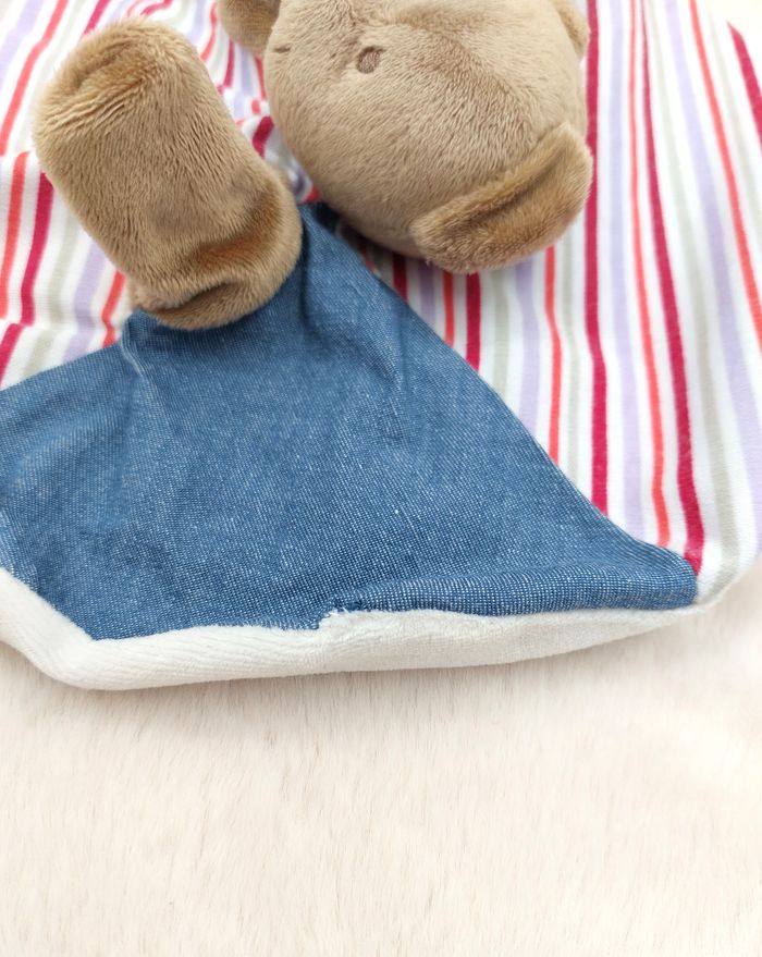 Doudou plat rond ours marron bleu jean LULU Castagnette marionnette JEMINI - photo numéro 3
