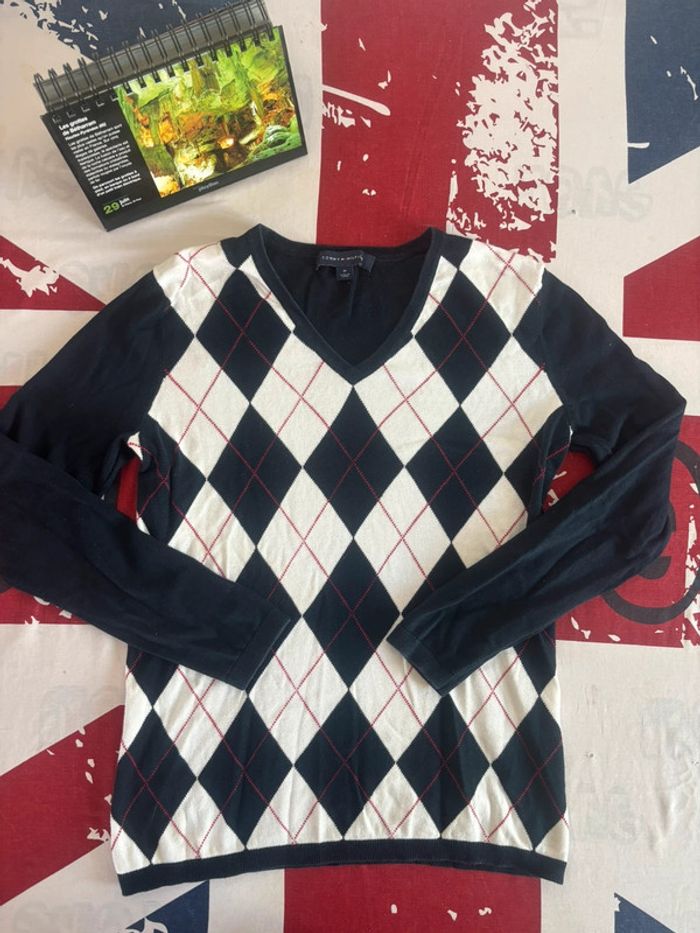 Sweat en col V Tommy Hilfiger taille M blanc à carreau bleu marine et rouge - photo numéro 2