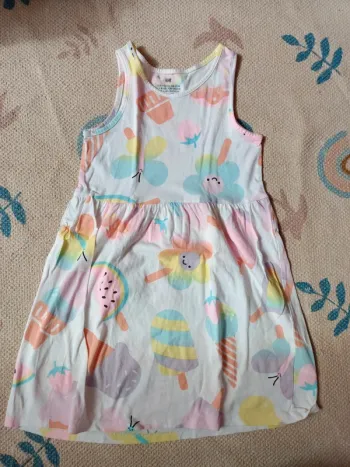 Robe blanche arc en ciel glace coton été 4/6 ans h&m