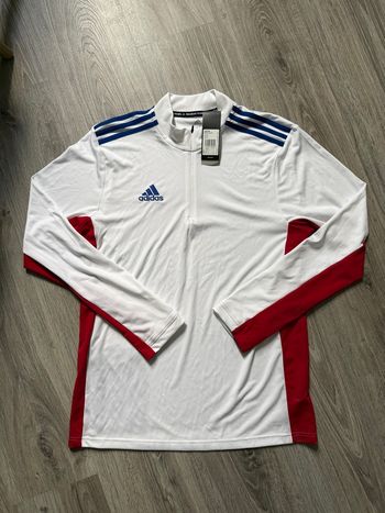Maillot manches longues Adidas blanc rouge bleu – Training football zip col sport