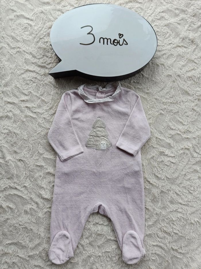 Pyjama grenouillère velours Fille 3 mois Noël lapin sapin étoiles Obaïbi