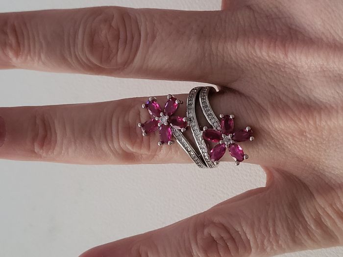 Bague ajustable acier inoxydable argenté avec fleurs zircon rose - photo numéro 3