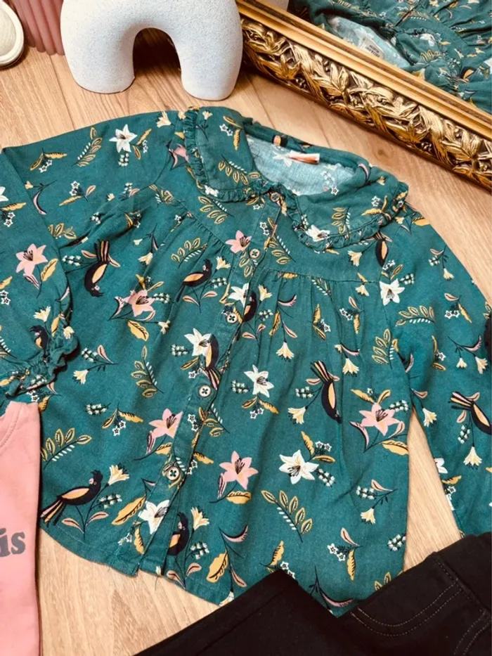 Taille 4 ans tenue 3 pièces fille TAO Tissaia vert rose noir * fleurs * 🌸 - photo numéro 4