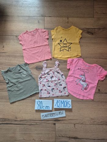 🌞 Lot 5 hauts été bébé fille 12 mois /80 cm Sequins, volants & couleurs