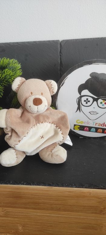 Nicotoy Doudou Ours Plat Beige marron bastien rond croix Creme Ancien Vintage