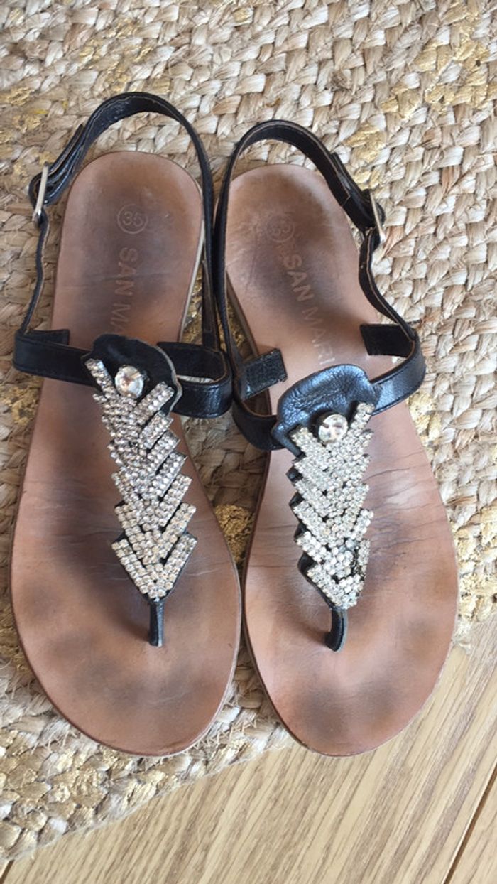Sandales cuir noir strass 35