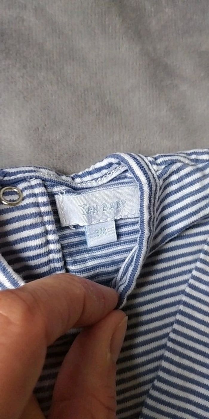 Tee shirt manches longues Mixte 3 mois rayé blanc et bleu foncé 100% coton TEX Baby - photo numéro 5