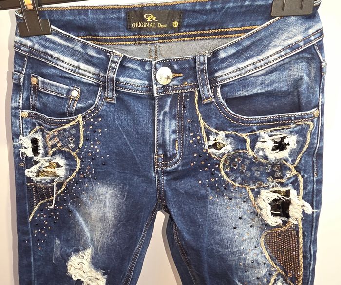 Jeans effet troué, strass/paillettes XS - photo numéro 2