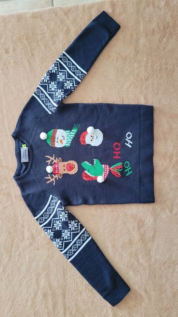 Pull de Noël 8 ans bleu marine dinosaure pompons et brillants