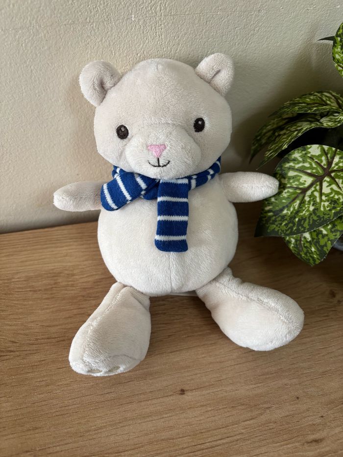 Doudou peluche ours blanc crème écharpe bleu h&m