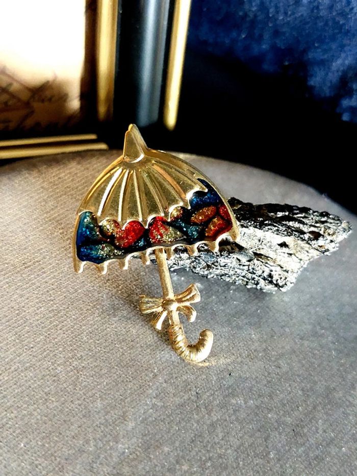 Broche parapluie vintage métal doré et émail - photo numéro 4