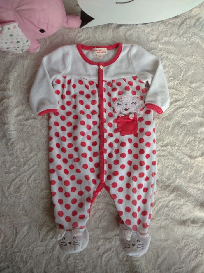 Pyjama grenouillère velours Fille 3 mois à pois et Chat Dpam - photo numéro 2