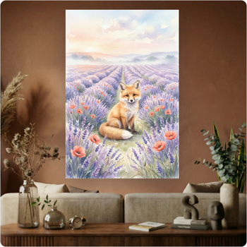 Affiche murale "Renard Lavande" poster nature champ fleuri déco A3 Sans cadre