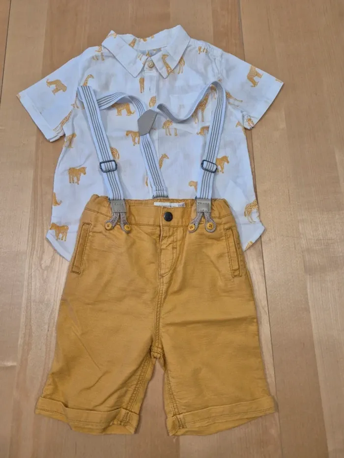 Ensemble bébé garçon 24 mois chemise + short à bretelles