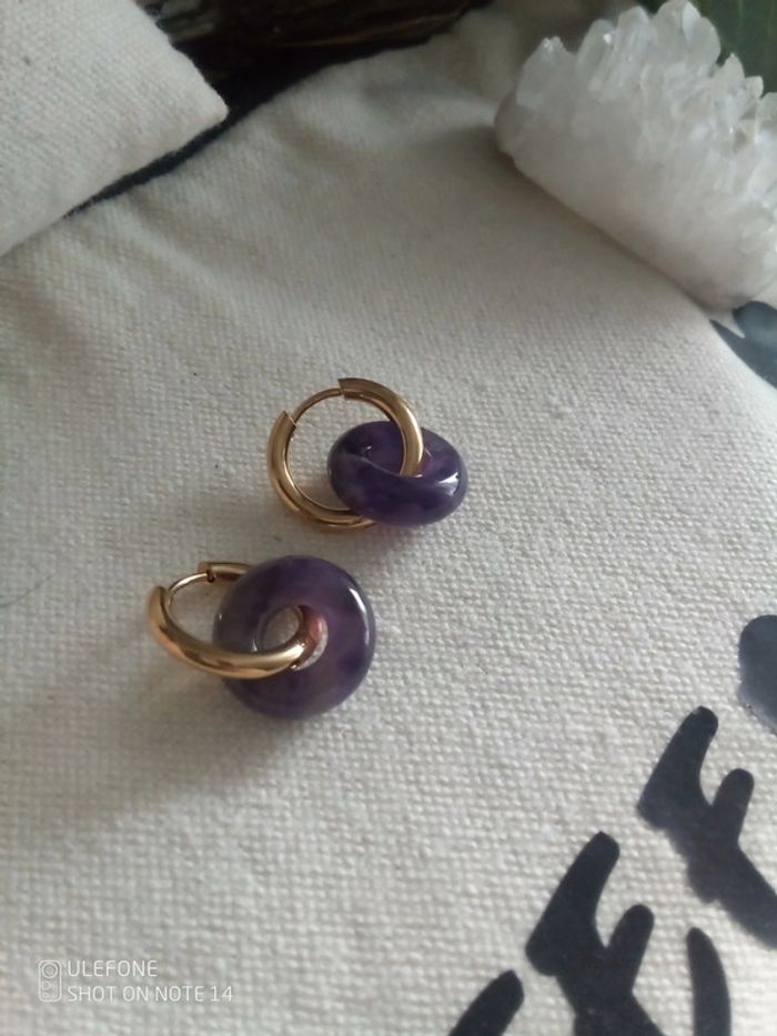 Créoles anneaux améthyste 💜 pierres et acier lithothérapie.