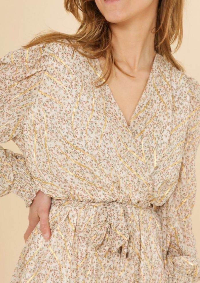 robe longue d'été ou cérémonie fluide beige fleuri et or Taille 36/38 - photo numéro 2