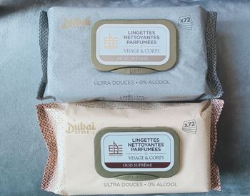 Lot 2 paquets lingettes parfumées Dubaï – musc intense & oud suprême – 0% alcool – 144 lingettes