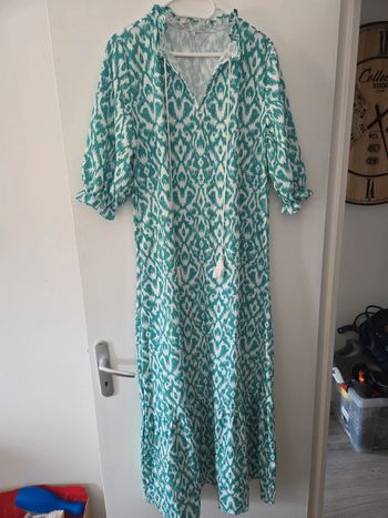 Robe longue femme été légère manche 3/4 blanc vert TBE taille XXL