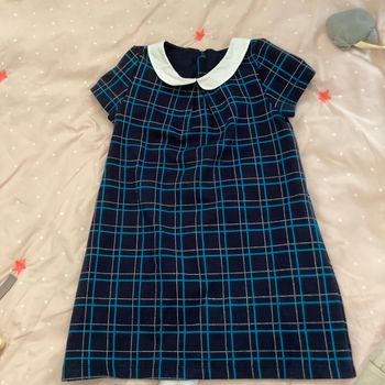 Petite robe avec le col Claudie, bleu marine, avec des carrés bleus, turquoise et argenté