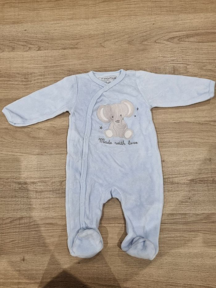 Pyjama Velours Bébé Bleu Ciel Éléphant - Mixte - Taille 3 Mois Très Bon État