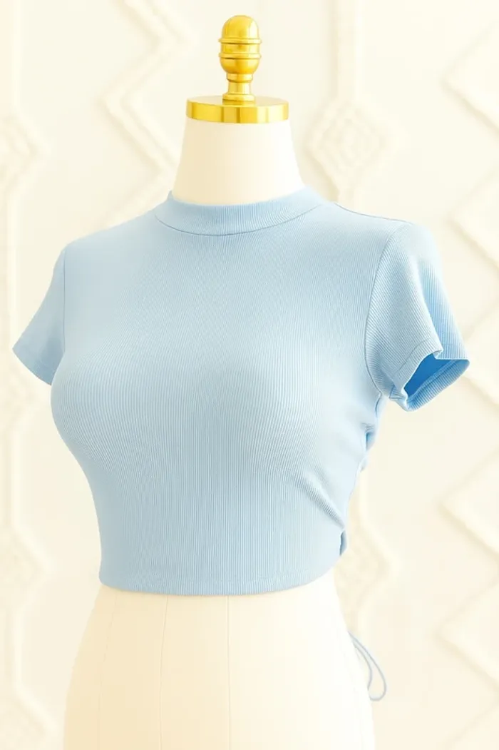 Haut vintage bleu clair côtelé made in Italy, dos lacé papillon, taille S/M, style Y2K - photo numéro 3