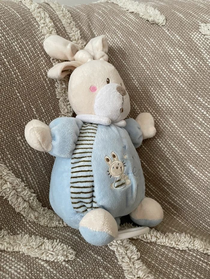 Peluche doudou musical 22cm Nicotoy lapin beige bleu rayé marron abc très bon état - photo numéro 2