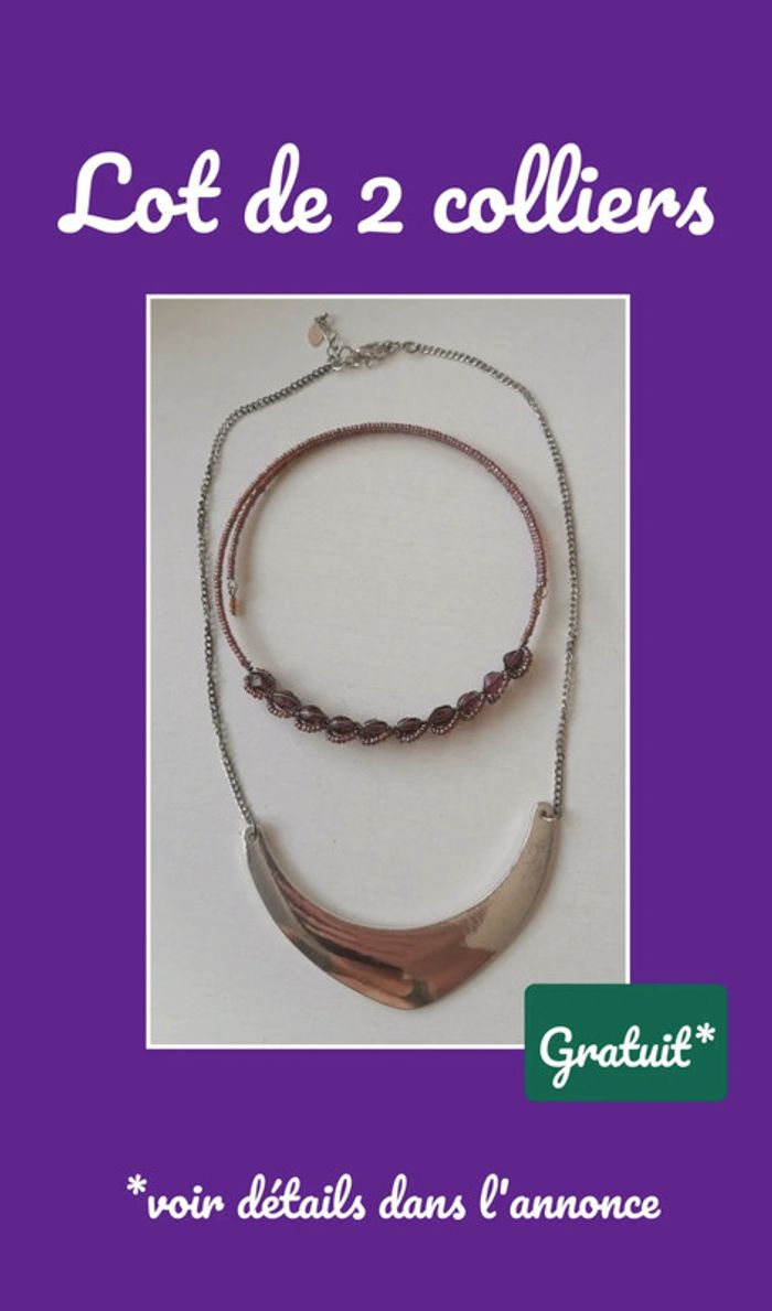 Lot de 2 collier métal argenté violet irisé perles de verre