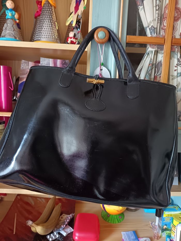 Sac Longchamp roseau noir vernis grande dimension - photo numéro 3