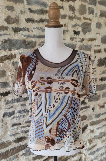 T-shirt blouse manches courtes à motifs marron bleu écru Afibel Taille 40