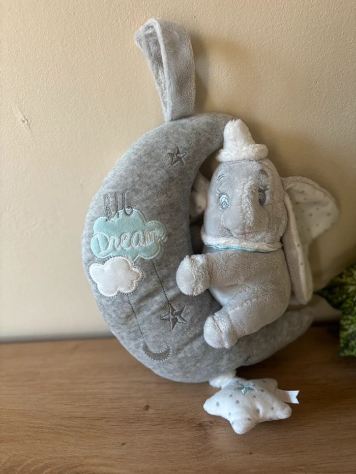 Doudou peluche lune Big dream éléphant Dumbo gris blanc musical Disney - photo numéro 3