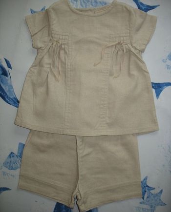 ENSEMBLE 2 PCS BÉBÉ FILLE : SHORT + BLOUSE MC BEIGE "DPAM" - 6 MOIS - n°13